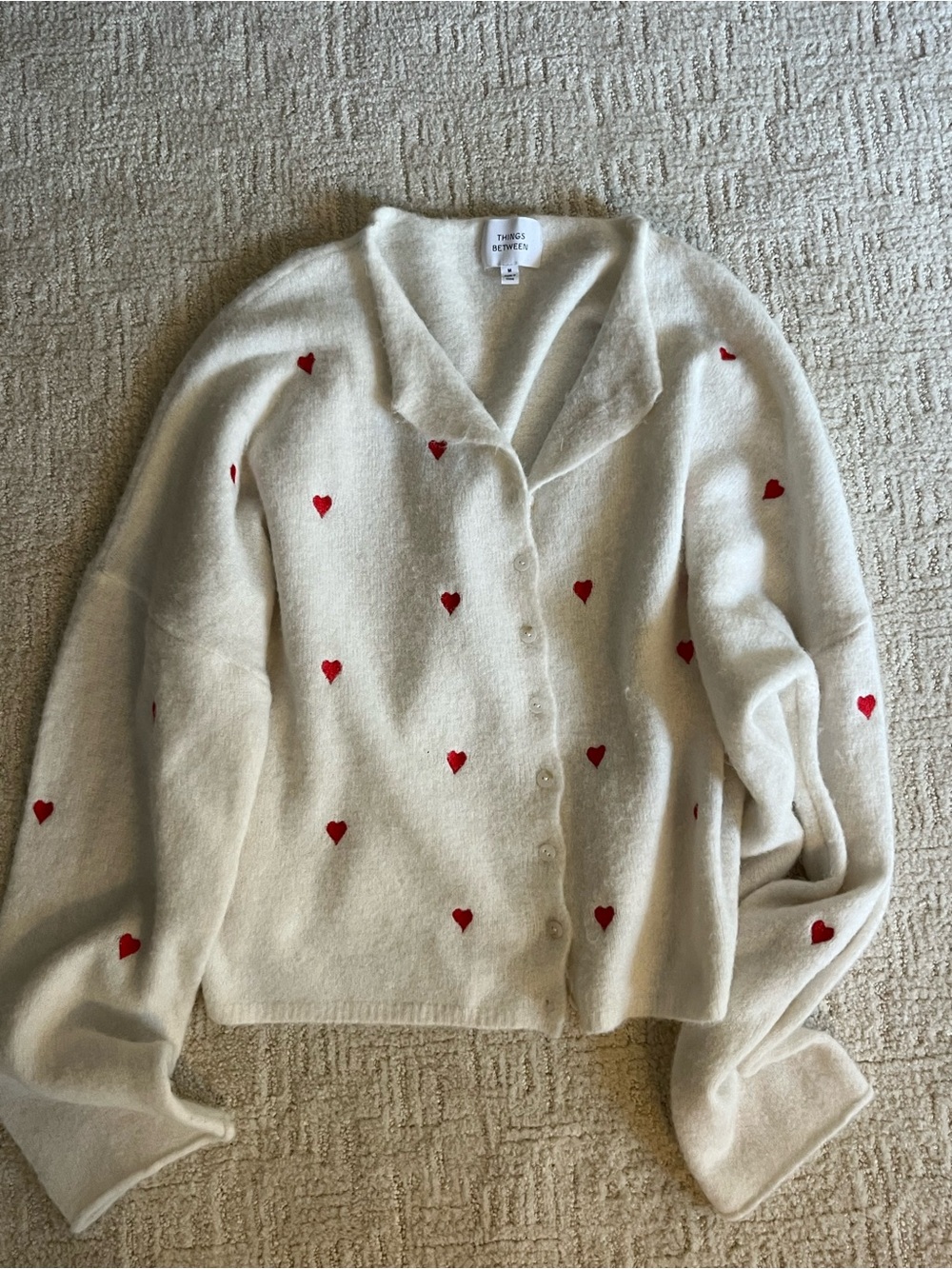Things Between Cream Heart-Embroidered Button Cardigan Sweater